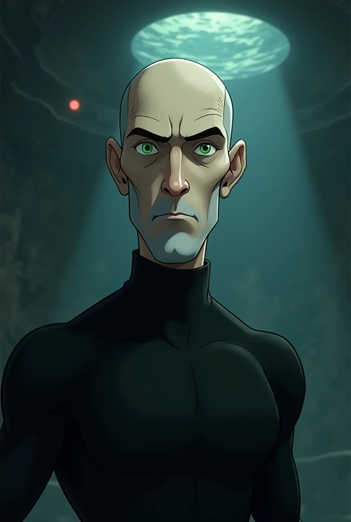 Man animated version, calvo, hairless, white, maduro, serious, one green eye and one grey eye, black diver, enigmatic and intelligent.