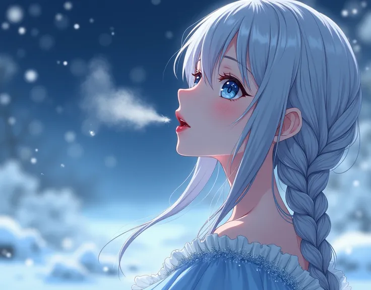 beautiful, anime drawing, young woman, winter, night, exhalation, cold,
visible white breath, side view, close up, silver hair, braided hair, blue dress,
relaxing environment, frosty breath from mouth, open mouth, red lipstick,
looking up at the sky, sighi...