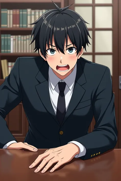 Handsome guy, tired eyes, black haired lawyer, Excited, one hand on the desk, anime, short hair, pale