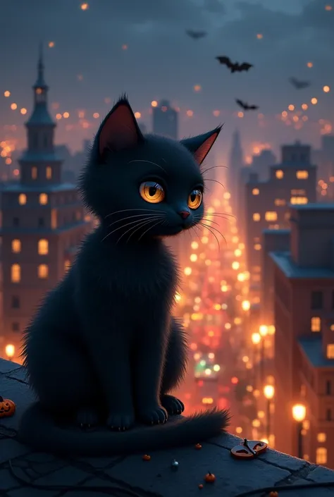 /imagine prompt: A cute black cat on a city rooftop, looking at Halloween decorations and festivities, with a sad expression, night
