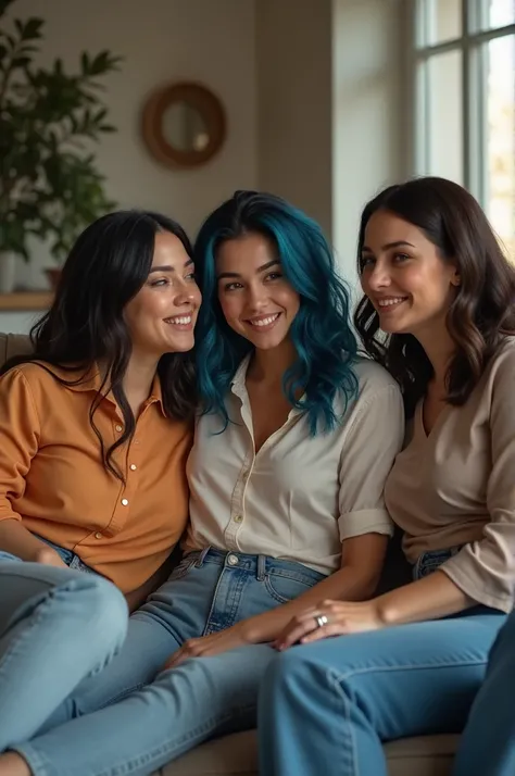 A casual, relaxed portrait of a throuple lesbian couple from the United States, all with slightly curvy, full-bodied figures, lounging together in their living room. The three women are dressed in comfortable, casual clothing and engaged in a fun activity ...