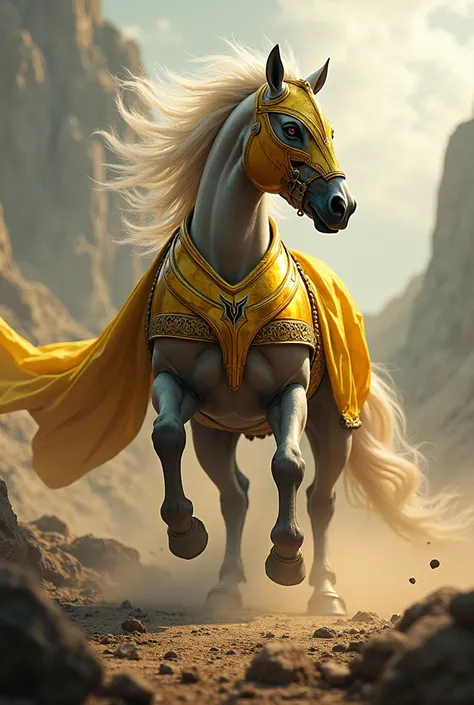 A horse with a yellow helmet