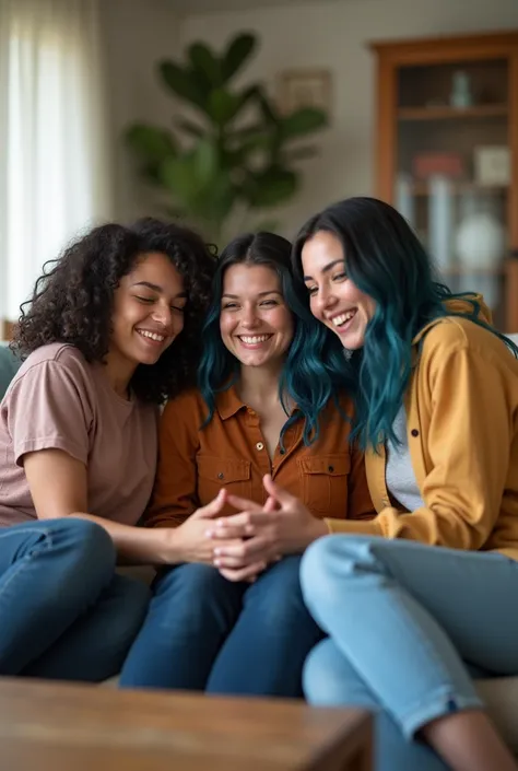 A casual, relaxed portrait of a throuple lesbian couple from the United States, all with slightly curvy, full-bodied figures, lounging together in their living room. The three women are dressed in comfortable, casual clothing and engaged in a fun activity ...