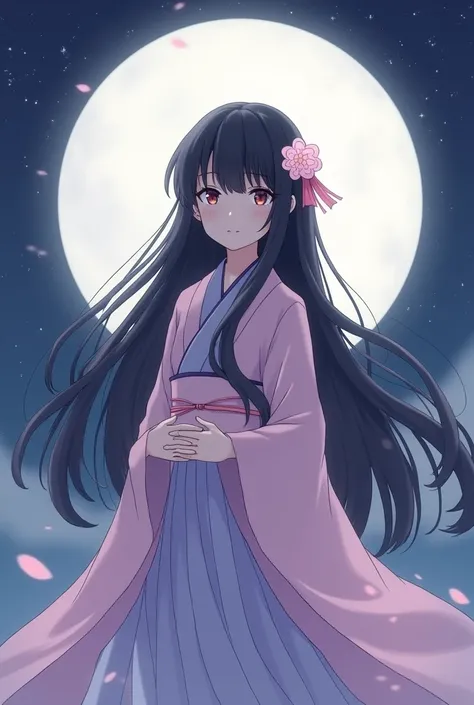 Japan　Moon goddess of good fortune, black hair with bangs, small Yoshino cherry blossom ornament, light pink and light purple kimono, facing forward, full moon in the background