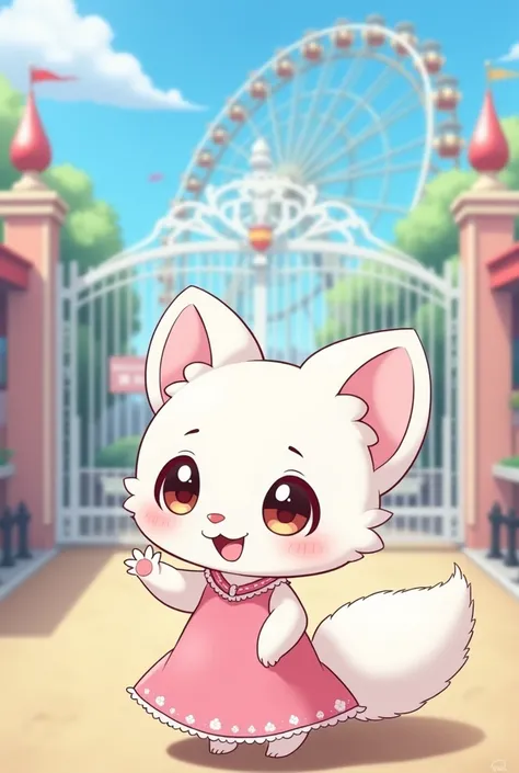 Line stamp specifications、AnimeCute、Fluffy white ermine、Wearing a pink dress、Your eyes are lovely、A charming expression、Waving to me, &quot;Come here!&quot;、Background、Entrance to the amusement park with a view of the Ferris wheel and roller coaster、The ga...