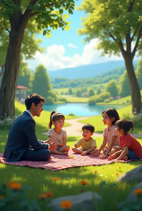 (Photorealism:1.2) teacher and students having a picnic




