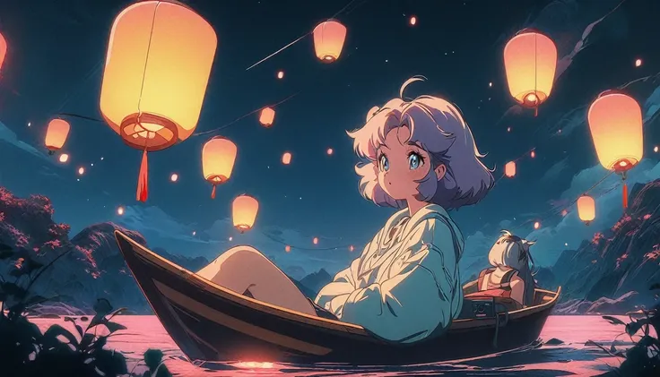 anime girl sitting on a boat with lanterns floating in the sky, lofi girl, lofi artstyle, lofi art, anime style 4 k, nightcore, lofi portrait, anime art wallpaper 4k, anime art wallpaper 4 k, lofi vibes, anime picture, lofi, anime art wallpaper 8 k, anime ...