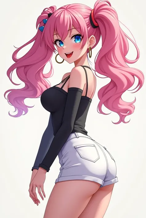 Waifu, pink hair, very long hair, double ponytails, blue eyes, smiling, fangs, black white top, white mini skirt, big breasts, tiny waste, hoop earrings, red lips, full body, long legs, Makeup, Looking at viewer, 