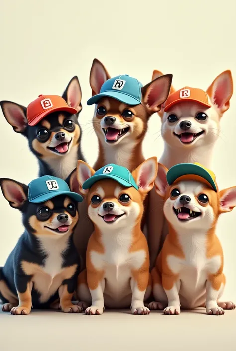 Chihuahuas wearing different colored sports caps 