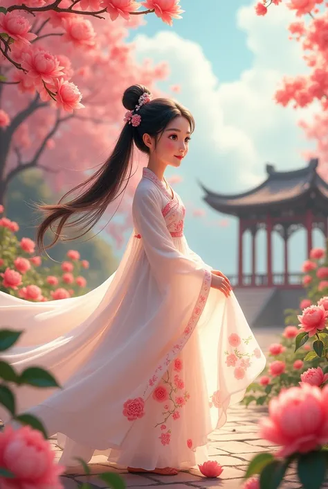 Classical Chinese beauty with big eyes wearing a white peony skirt admiring flowers in a pavilion in the peach blossom forest under the bright sun cartoon animation