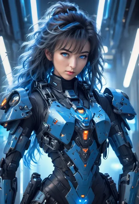 A female police officer wearing exoskeleton cyber armor, The armor fits snugly、He has a plasma gun in his hand., Full Body View, Maximum details, Detailed drawings and excellent quality, 8k,chest, blue eyes, blue eyes, Take a look, Take a look, High resolu...