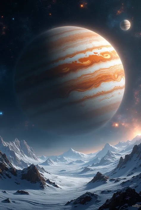 Jupiter in galaxy with Europa visible in landscape form 