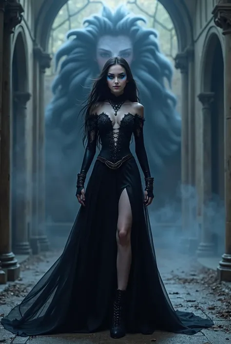 create an image of supermodel in gothic OUTFIT, gothic make up, thick eye liner, blue glowing eyes, purple lips, spread legs, spread hands, glowing skin, in the abandon castle, proportional tall model, iconic walking stance,chin up, low angle shot, front l...