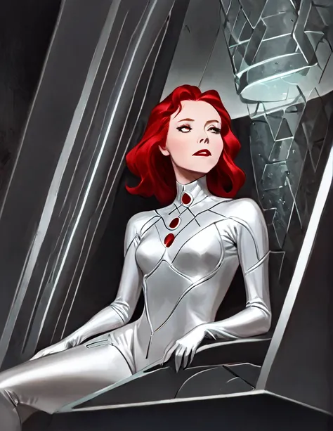 Pale Middle aged red haired Woman wearing a silver sci-fi body suit. She has a calm dead pan expression. She is laying inside a geometric scifi cofgin that glows red. The room is very dark with tye only light coming from her coffin.