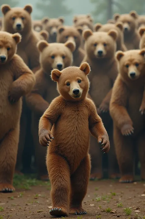 A boy in the middle and 100 bears behind 
