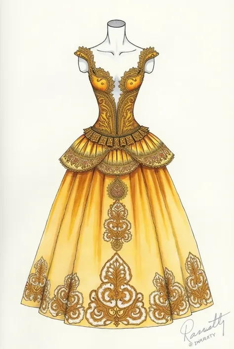 Create a hand-drawn watercolor sketch of Gamzatti&#39;s costume from the ballet La Bayadere, seen from the front, without the body of a person, just the costume, the costume must be gold, with lots of shine and details, It must be a tutu plate and look exp...