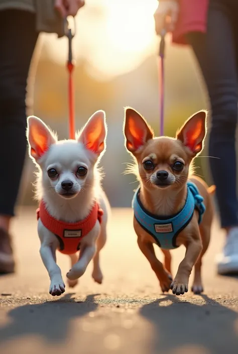 Chihuahuas wearing harness for walks 