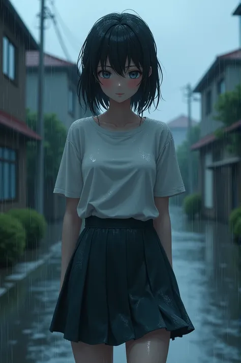 High school girl wearing knee length skirt gets soaked in the rain