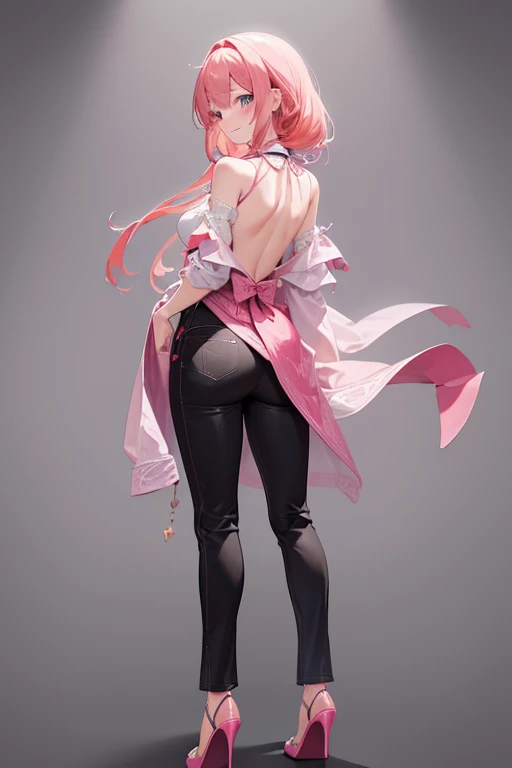 High resolution, masterpiece, Anatomically correct, Best Quality, One girl, Blushing, smile, Pink Hair, Simple Background、I can see your back、Shooting from behind、Scapula、Long trousers、High heels