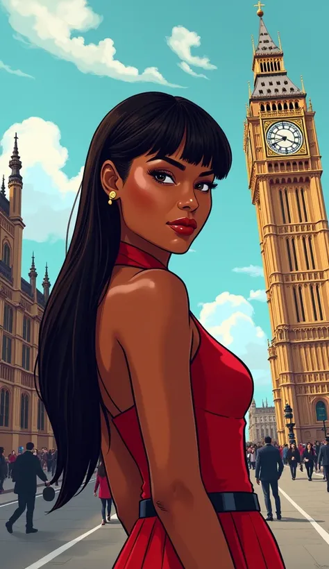 Stylish drawing of a young woman, black-skinned, mixed latin race, long straight hair with bangs, brunette, american toon style, standing in front of Big Ben clock. London streets, (Stylish american toon:1.3), (master piece:1.5), (wallpaper), (portrait), (...