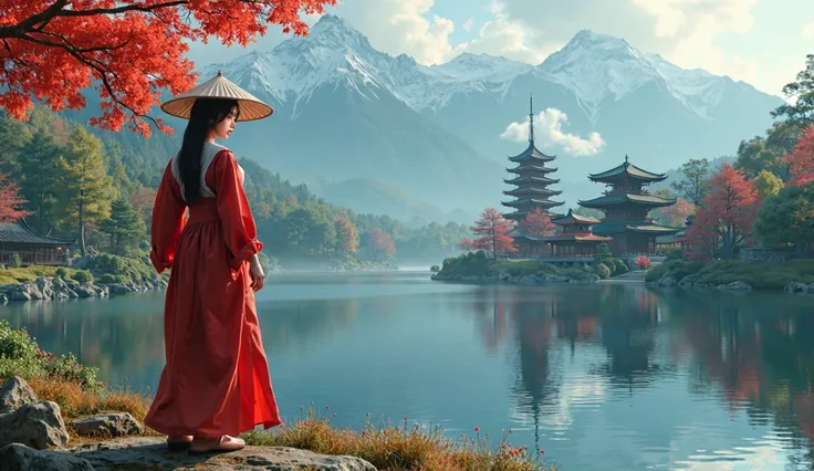 A breathtaking, serene landscape featuring traditional Japanese architecture. In the foreground, a beautiful women, big breast, wearing a red robe with big cleavage on the chest and a traditional conical hat stands by a calm lake facing camera. The tranqui...