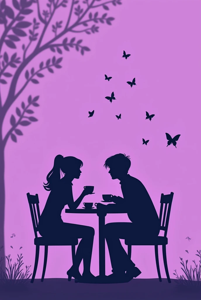 book cover , plain purple background decorated with small butterflies, shadow of couple sitting in a coffee shop ,  facing each other, 