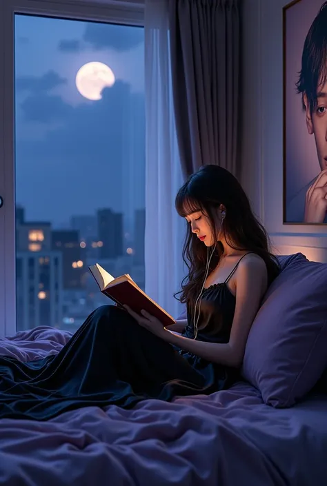 A lady in black night shute sitting on her purple round shape bed reading book litioning music by earphone, a big sige of room window showing beautiful lovely night sky view ,big sige poster of jeon jungkook on behind wall of bed her long and shiny hair bl...