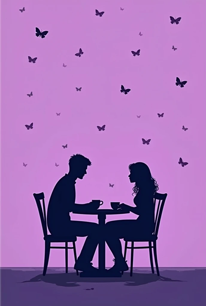 book cover , plain purple background decorated with small butterflies, shadow of couple sitting in a coffee shop ,  facing each other, 