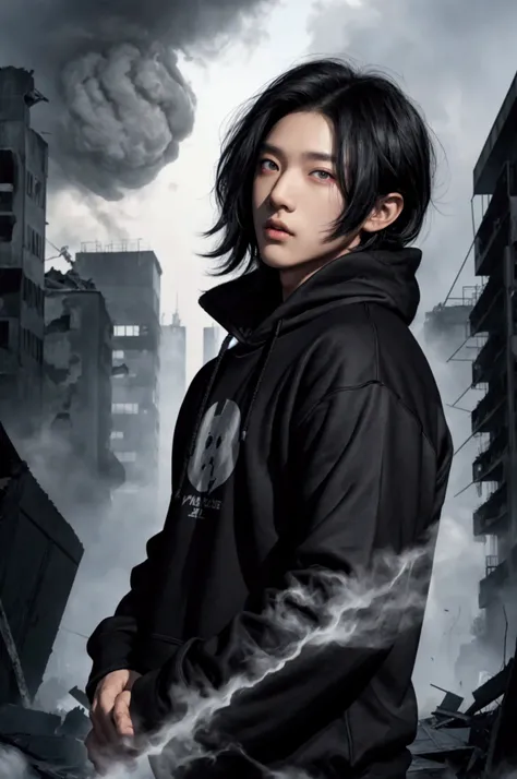 1 guy male solo, black hair short  , hood black  , black sweatshirt , Korean is handsome, white eyes bright , looks at the viewer, , , apocalypse, destroyed buildings around, the fog is thick , full height , Lino ,High resolution, Sparkling Pupils, Realist...