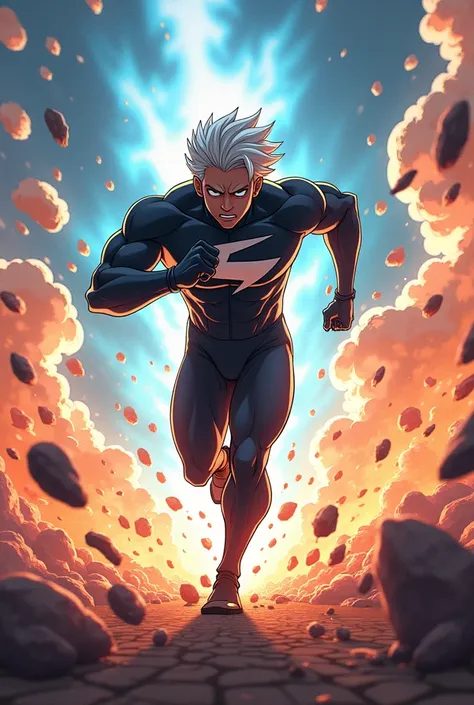 A short white haired anime guy in an S shaped suit he is running at infinite speed ,Super muscular body, and he runs so fast that he tears apart the infinite multiverse