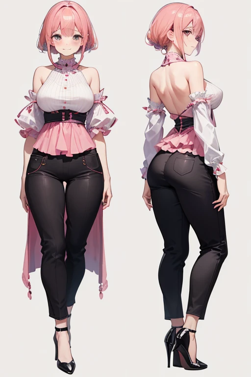 High resolution, masterpiece, Anatomically correct, Best Quality, One girl, Blushing, smile, Pink Hair, Simple Background、I can see your back、Shooting from behind、Scapula、Long trousers、High heels