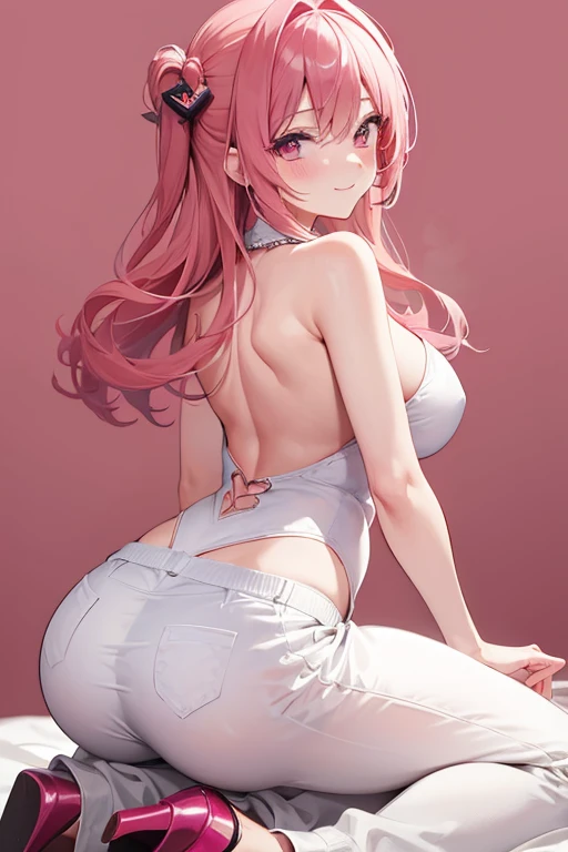 High resolution, masterpiece, Anatomically correct, Best Quality, One girl, Blushing, smile, Pink Hair, Simple Background、I can see your back、Shooting from behind、Scapula、Long trousers、High heels