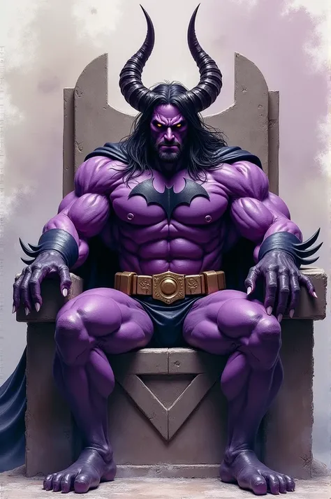 muscular  batman with majestic horns, deep purple skin, shirtless, long dark hair, molten like eyes, smirking, looks very intimidating. Watercolor-like slightly blotchy art style. Sitting on a stone throne pose.