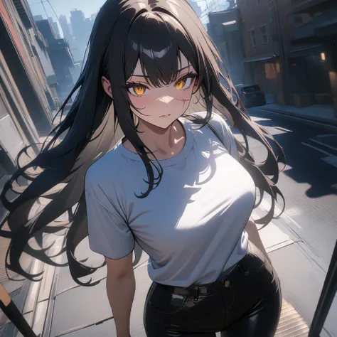 (masterpiece), 1girl, yoru, chainsawman, expressive eyes, perfect face, black hair, long hair, golden eyes, scar, well endowed body, wide hips, detailed eyes, perfect anatomy, ray tracing, UHD, (cinematic:1.8), shirt , pants, (cimematic lighting) , (very a...