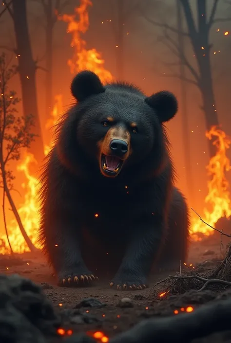 Create one of a very sad little animal because of the fires. Let there be fire. Let the little animal be a sloth bear. More fire, much more fire.