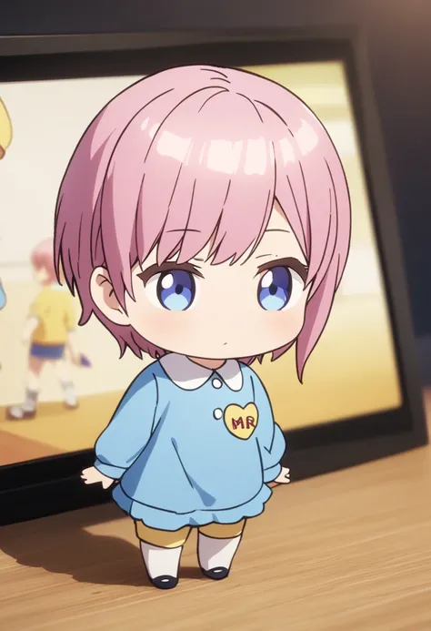 (Best Quality, 4K, 8k, High resolution, masterpiece:1.2), Very detailed, Picturesque, Animation Photos, Photo Animation:1.37)、(Pink Hair)、(Short Hair)、Standing、(Chibi:1.4),Blue Shirt,(Kindergarten uniform:1.2),(Yellow school cap:1.15),(Blue Skirt:1.1),(Tul...