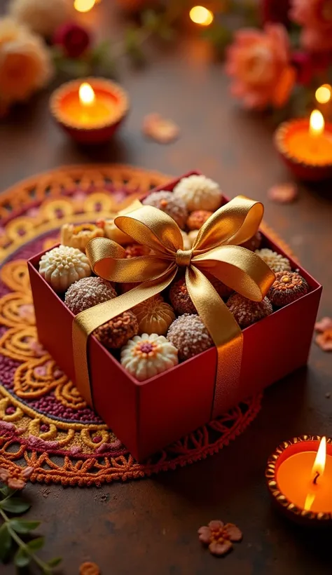 Overhead view of a Diwali gift box filled with traditional Indian sweets like ladoos and barfis, neatly wrapped with a gold ribbon. The background is decorated with softly glowing diyas, colorful rangoli, and muted warm tones. The lighting is soft and gold...