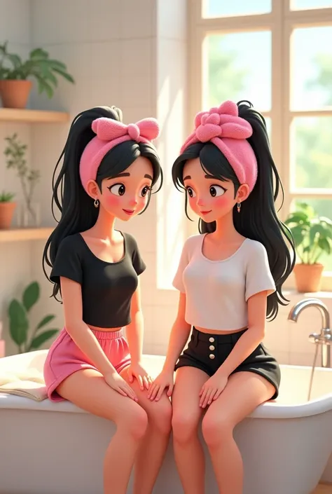 2 girls in their 20’s doing skin care routine at white bathroom, both with very long black loose long hair, one wearing pink silk shorts and white T-shirt with hair pulled nack in pink towel fabric headband with bow, the other wearing black short sleeved b...