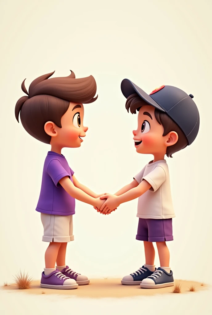 1 animated boy wearing a purple t-shirt and white short and another animated boy wearing a cap, white-tshirt and purple short. They both handshake their right arm