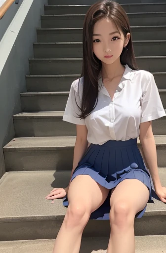 Real Stick,８KCG,High resolution,Create a photo of a Korean Asian teenager,((beautiful girl)),((Thin and beautiful face))、((cool beauty)), ((Light Brown)),,Narrow eyes:1.5,Slim,((Summer uniform　Short sleeve dress shirt)),(dark blue　Pleats　Short skirt),(from...