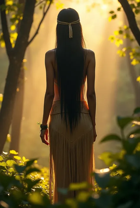 a Lakota Indian nude woman in a forest, long black hair with hair ties, rays of golden light between the leaves, full body view from head to toe, view from below, vanishing point, depth of field, realistic, photorealistic, photo-realistic:1.37, (best quali...