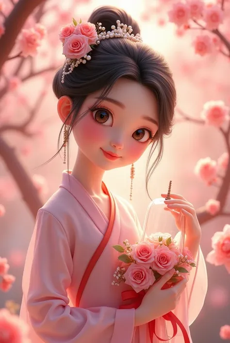 A cute little beauty with Chinese style，have big eyes，Showing a doll-like innocence and cuteness, holding a glass lantern in hand, tilting her head with a pearl headdress in her hair, a rose bouquet, a big face, bright eyes, smiling lips, a sweet smile in ...