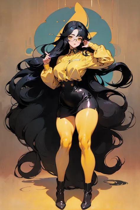 (best lighting), (best quality, masterpiece:1.2), illustration by hajime sorayama, perfect body, hyperfeminine curves, woman, 2, (((very long black hair))), (((yellow eyes))), glasses, thick, curvy, high fashion, short socks, skirt, leather, solo