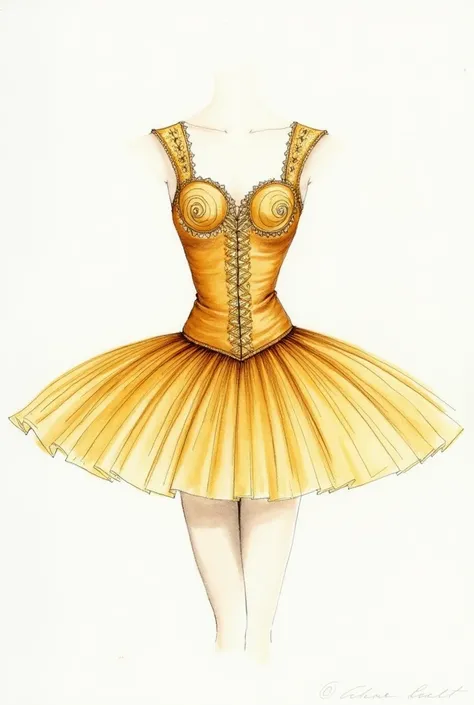 Create a hand-drawn watercolor sketch of the Gamzatti character&#39;s tutu from the ballet La Bayadere, seen from the front, without the body of a person, just the costume, the costume must be gold, with lots of shine and details, must be a tutu plate, wit...