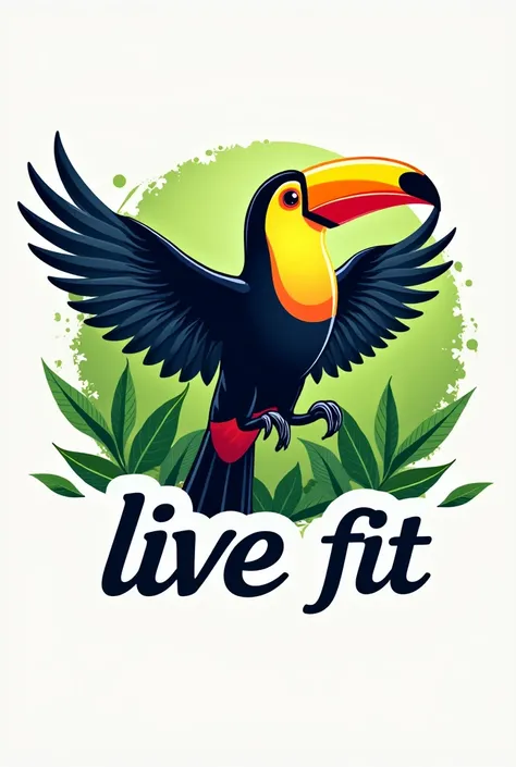 Logo with a toucan with open wings saying live fit with a green background.