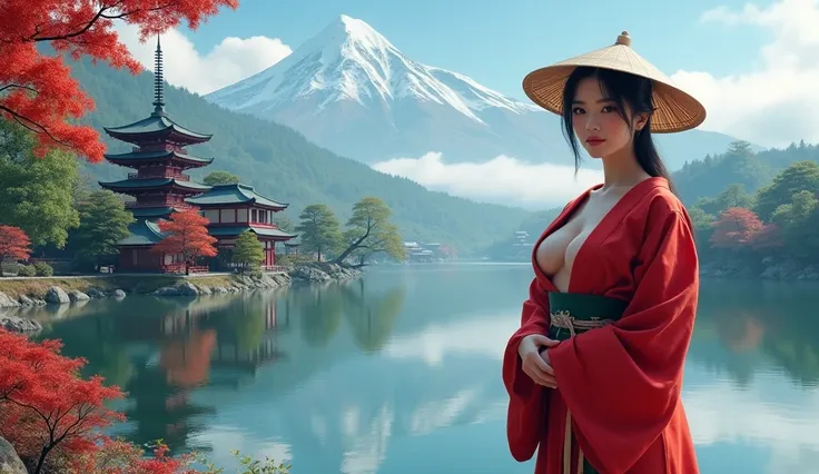 A breathtaking, serene landscape featuring traditional Japanese architecture. In the foreground, a beautiful women, big breast, wearing a red robe with big cleavage on the chest and a traditional conical hat stands by a calm lake facing camera. The tranqui...