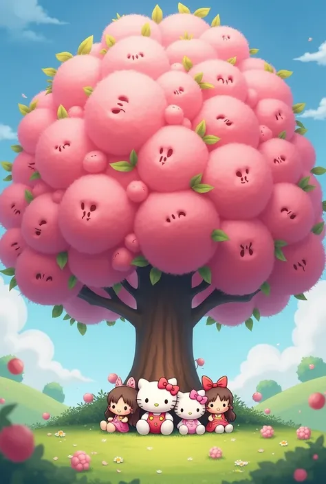 Hello kitty sitting under a big pink apple tree with her friends and I can see the whole tree


