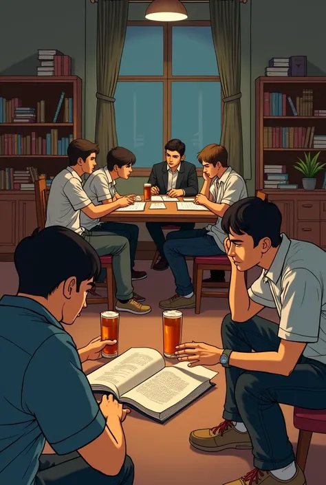 Men studying hard while the other man instead of studying he’s drinking with his friends. Sketch easy drawing 
