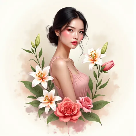 Create a fashion designer logo with signature Musfirah with lilies and roses featuring a young Asian woman , posh, artwork with small splashes of paint around it and paint running discreetly at the bottom of the image, innovative, with charm in posture, go...