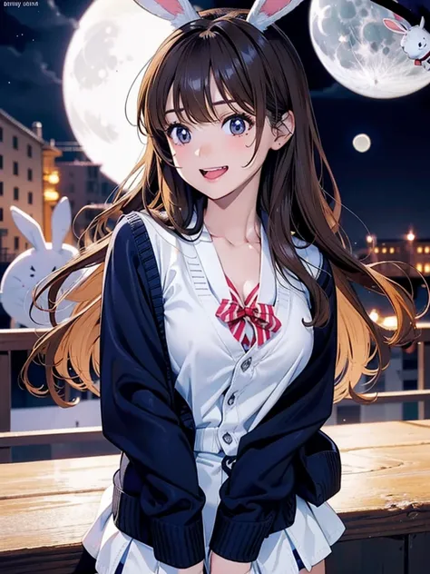 4k, bestquality, detailed, detailed scenery, detailed eyes, 1Girl, cute, adorable, straight hair, long hair, black hair, brown eyes, cleavage, (big_laugh:1.2), looking at the camera, cowboy shot, (background is a full moon:1.5), school girl, (fake white ra...